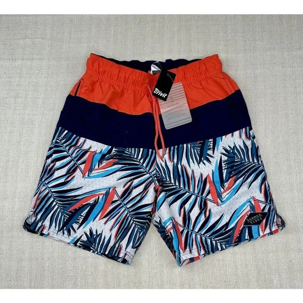 NEW Crivit Swim Trunks Board Shorts Mens Size Small Tropical Print Blue & Red